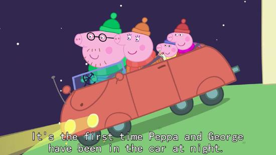 It's the first time Peppa and George have been in the car at night.